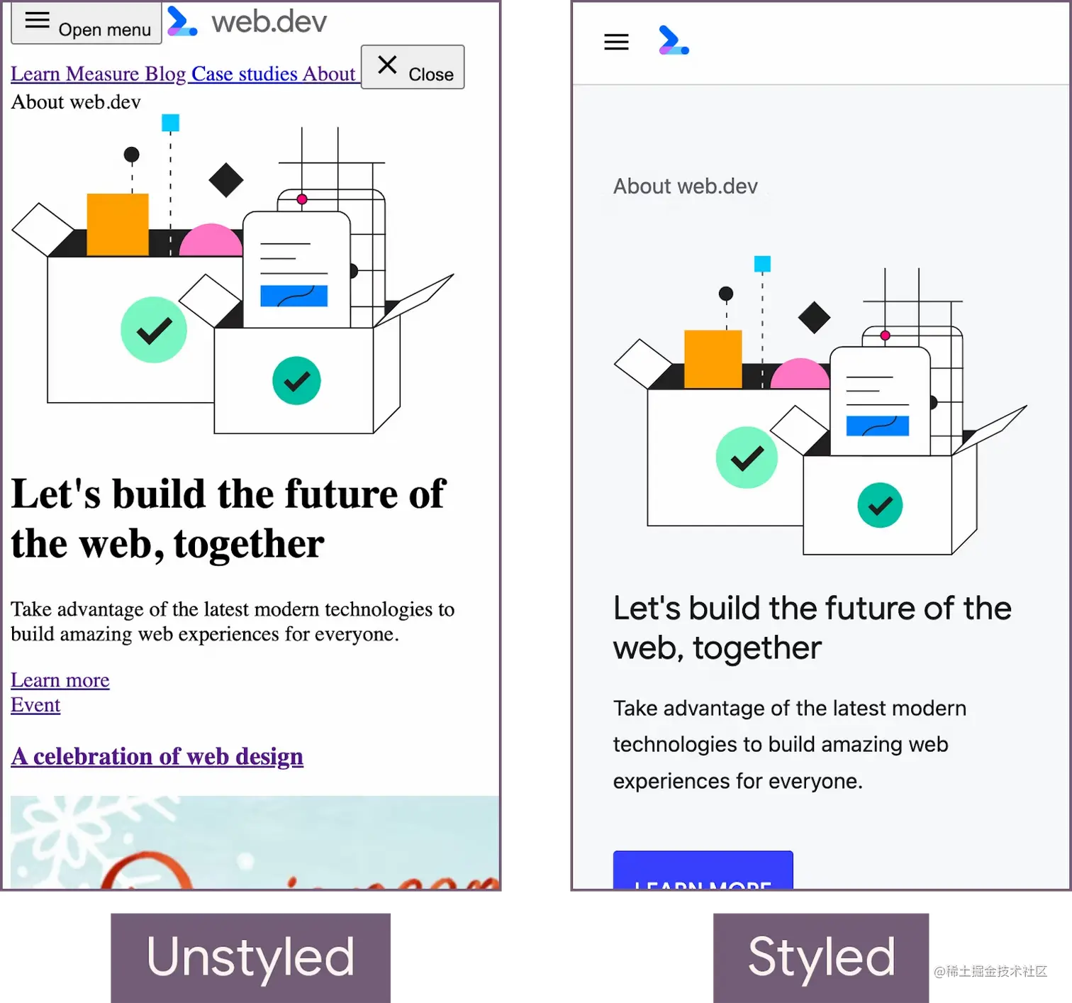 图2: FOUC 的模拟实例。左边是没有样式的 web.dev 的首页。右边是应用样式的相同页面。如果在下载和处理样式表时浏览器没有阻塞渲染，则未应用样式的状态可能会有跳变的过程。