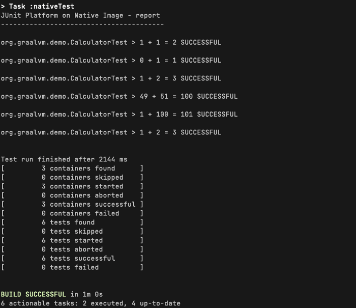 在 native image 模式下运行JUnit测试时的Gradle输出示例。