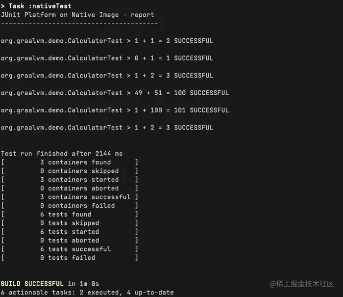 在 native image 模式下运行JUnit测试时的Gradle输出示例。