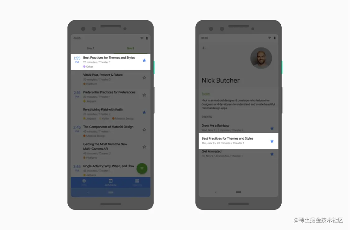 Two screens listing conference sessions