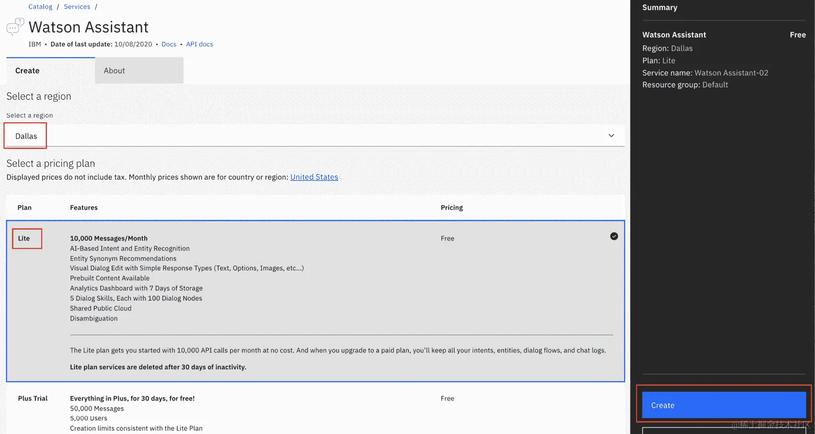 图 12.11 – 创建 Watson 助手服务