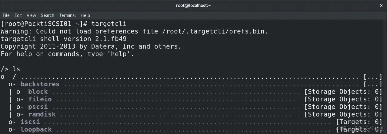 图 5.6 - targetcli 的起点 - 空配置