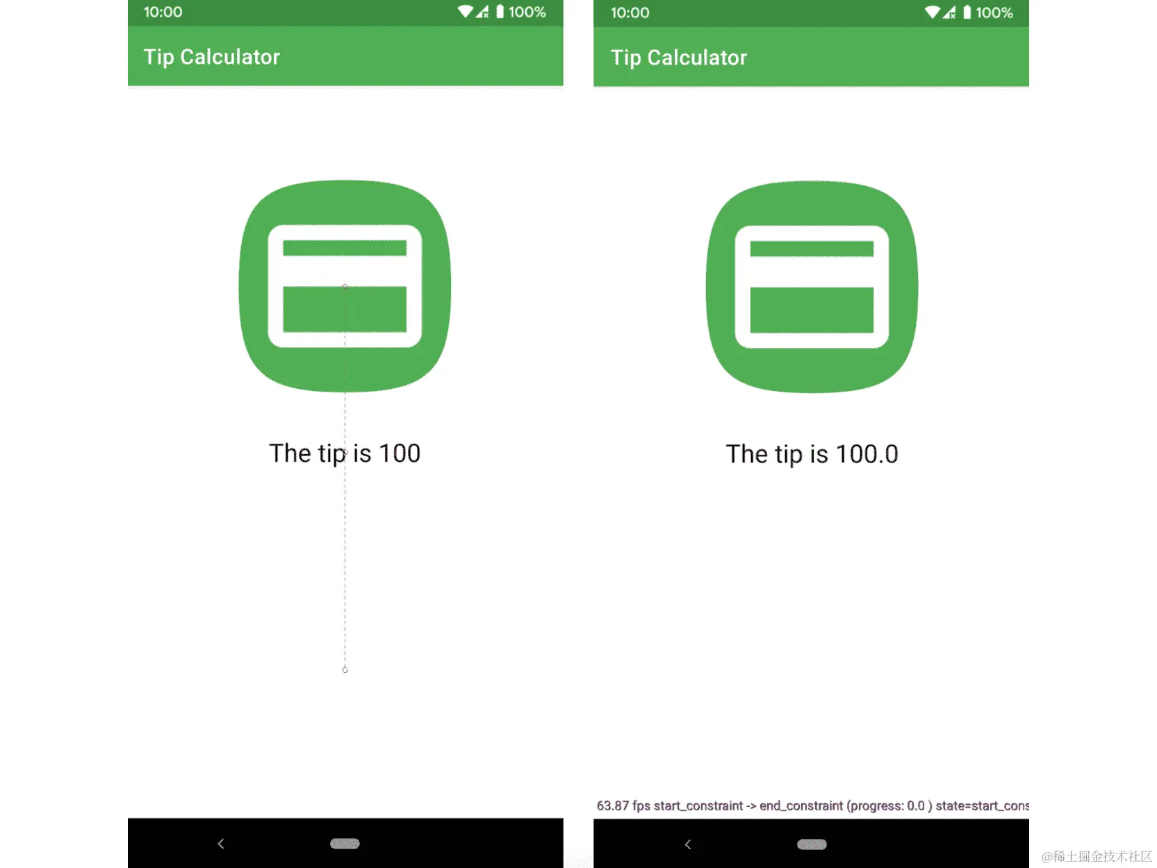 图 15.13：使用 SHOW_PATH（左）显示动画路径，而 SHOW_PROGRESS（右）显示动画进度