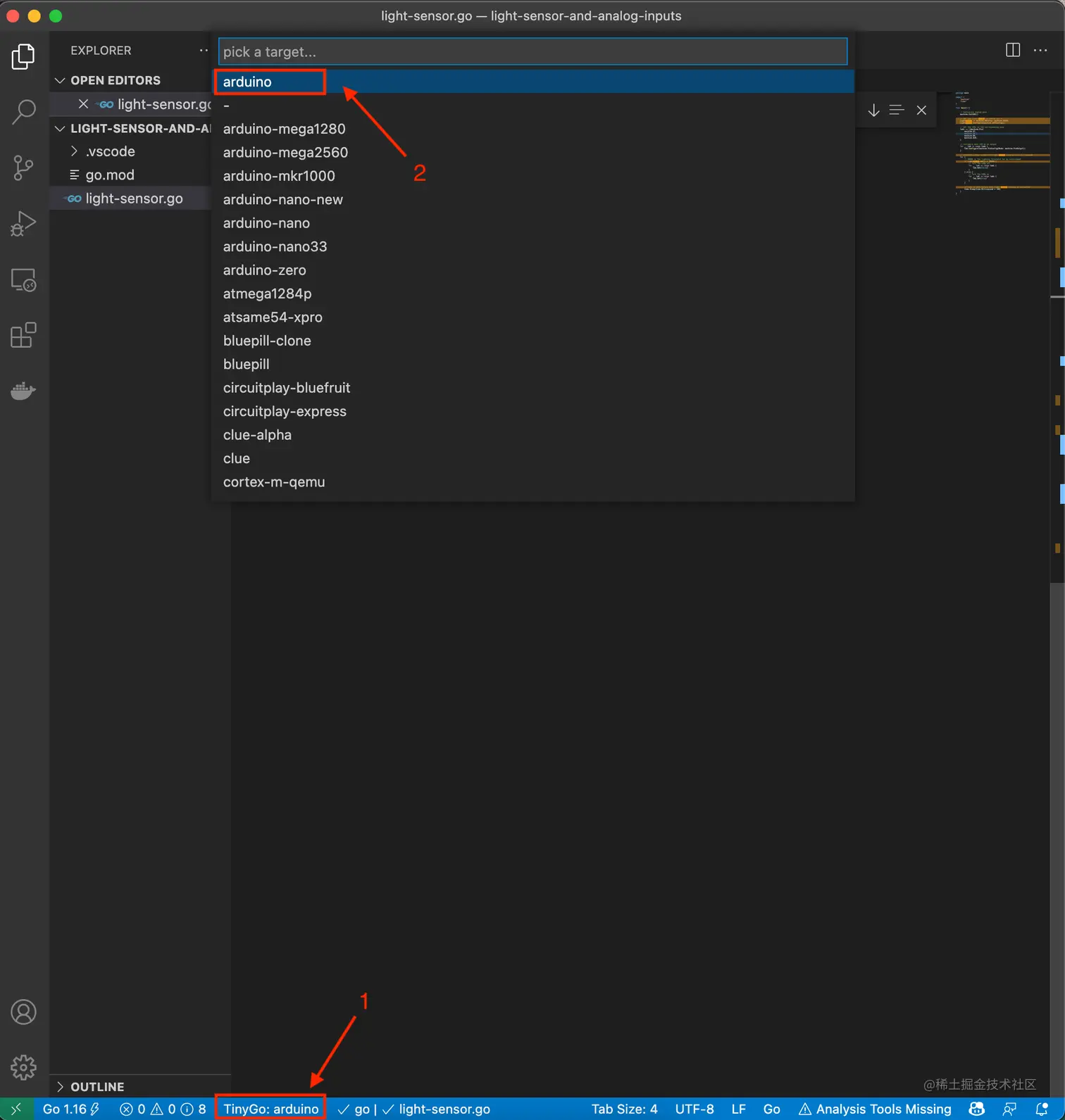 tinygo select the target board