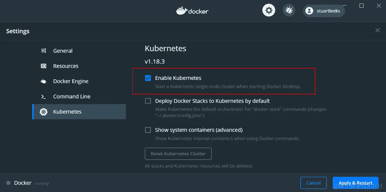 图 7.6 - 显示在 Docker Desktop 中启用 Kubernetes 的屏幕截图