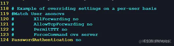 PasswordAuthentication第二次在末尾124行, 值被设为了 yes