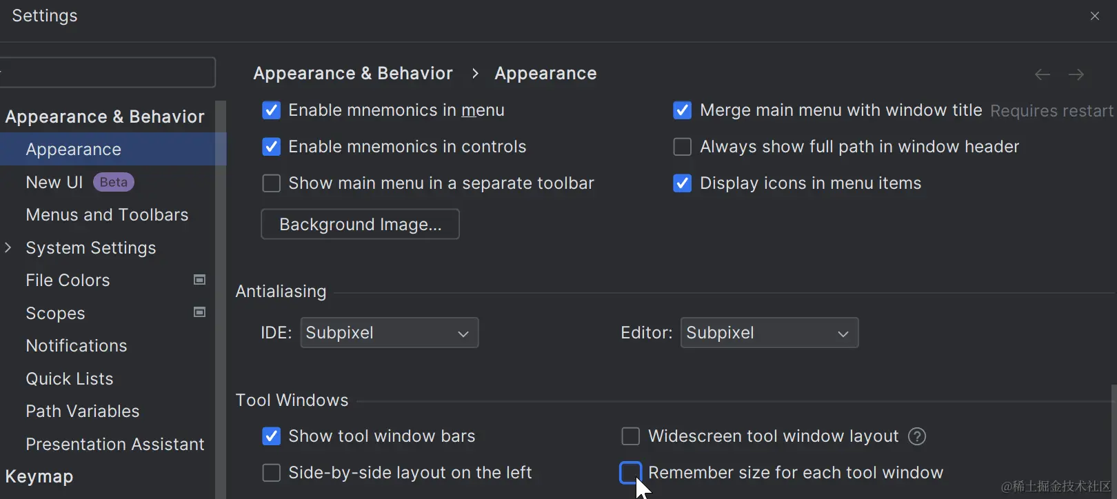 Remember size for each tool window（记住每个工具窗口的大小）设置
