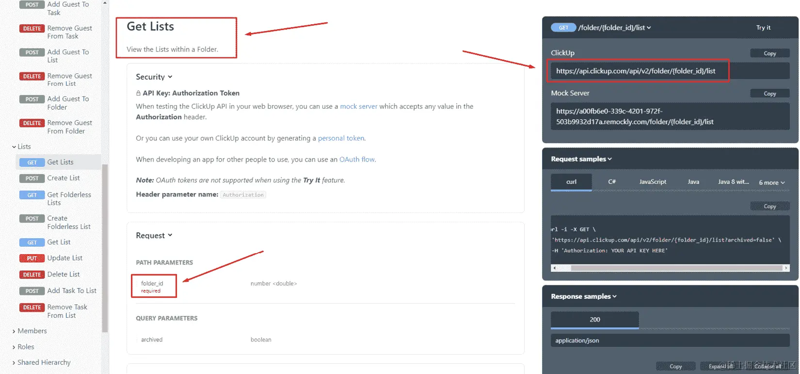 图 11.5 – 显示了 ClickUp API 文档中的获取列表终点