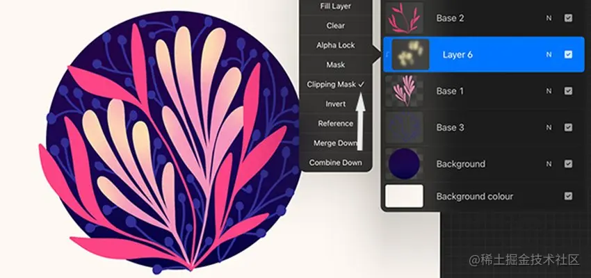 Clipping mask and textured ink blending in Procreate
