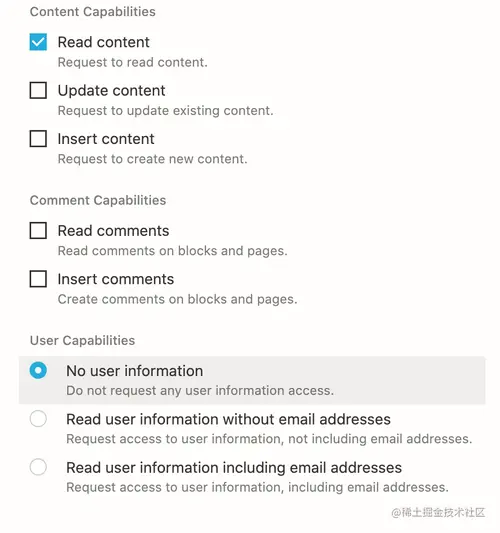 Permissions for Notion integration with Read content permission set and No user information for User Capabilities