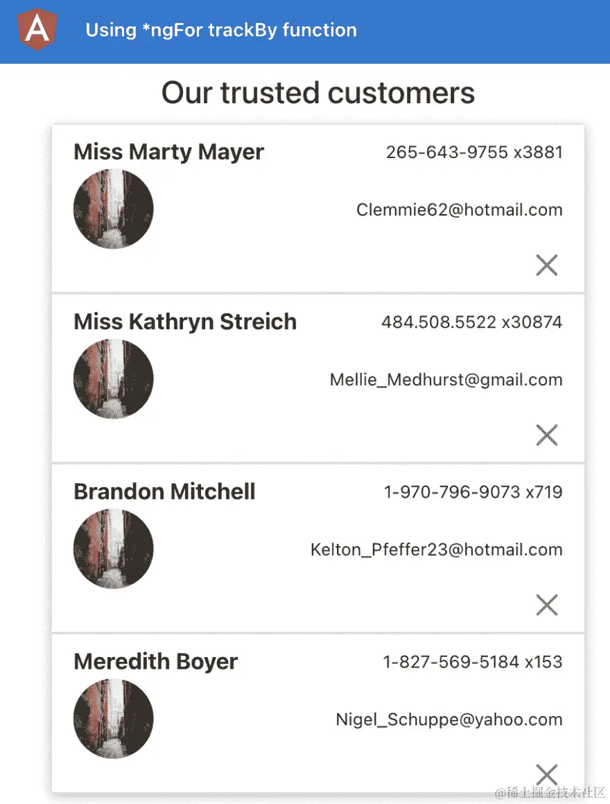 图 12.16-应用程序使用-ngfor-trackby 在 http://localhost:4200 上运行