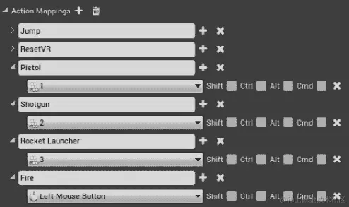 图 17.8：添加手枪、霰弹枪、火箭发射器和火绑定