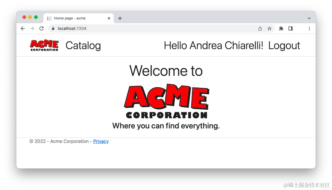ACME homepage with profile link
