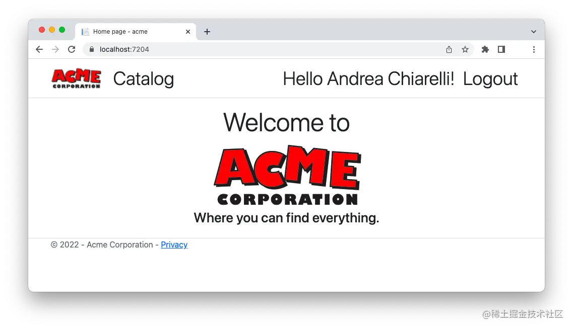 ACME homepage with profile link
