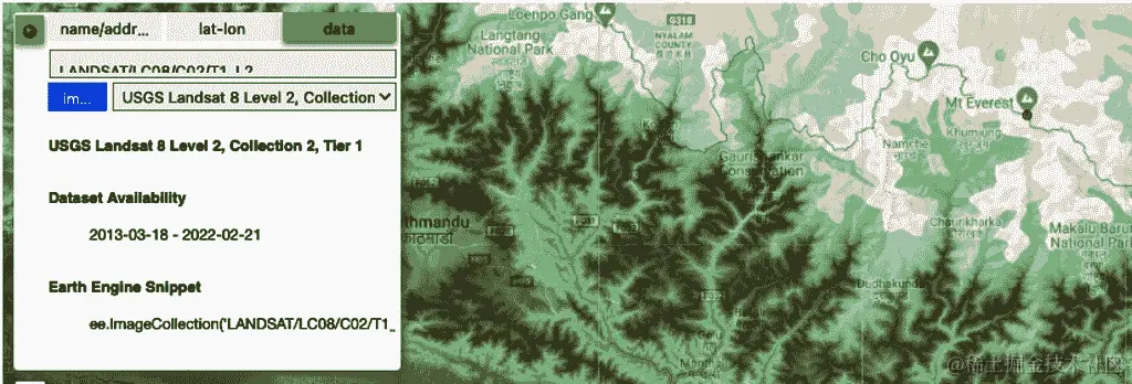 在导入窗口中使用 GEE 资产 ID（Landsat/LC08/C01）搜索位置数据