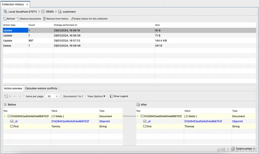 在 Studio 3T 2024.1 中，您可以查看更新的颜色编码预览并在收藏历史记录中恢复文档