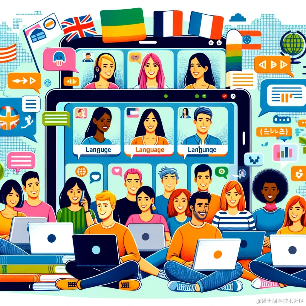 DALL·E 2023-11-25 13.07.36 - An illustration showing a vibrant online language exchange community. The image should depict a diverse group of people from different cultural backgr.png