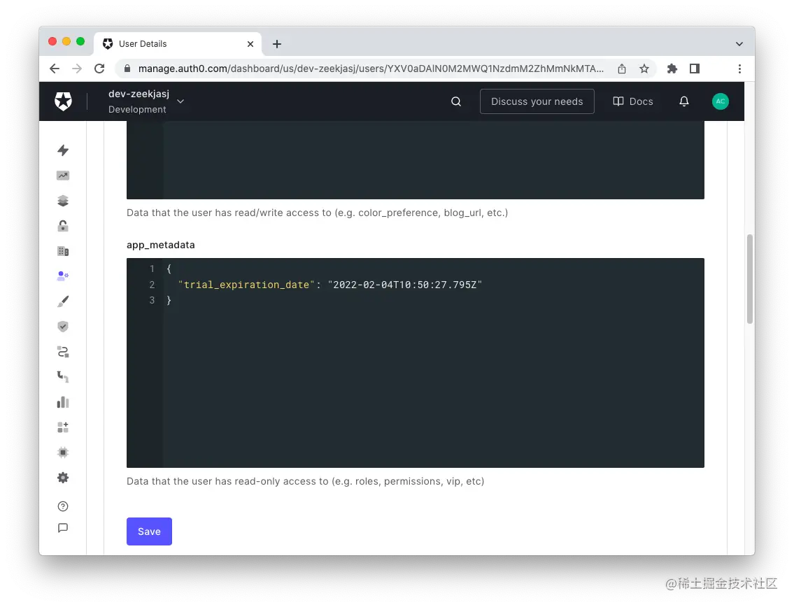 app_metadata section for the user