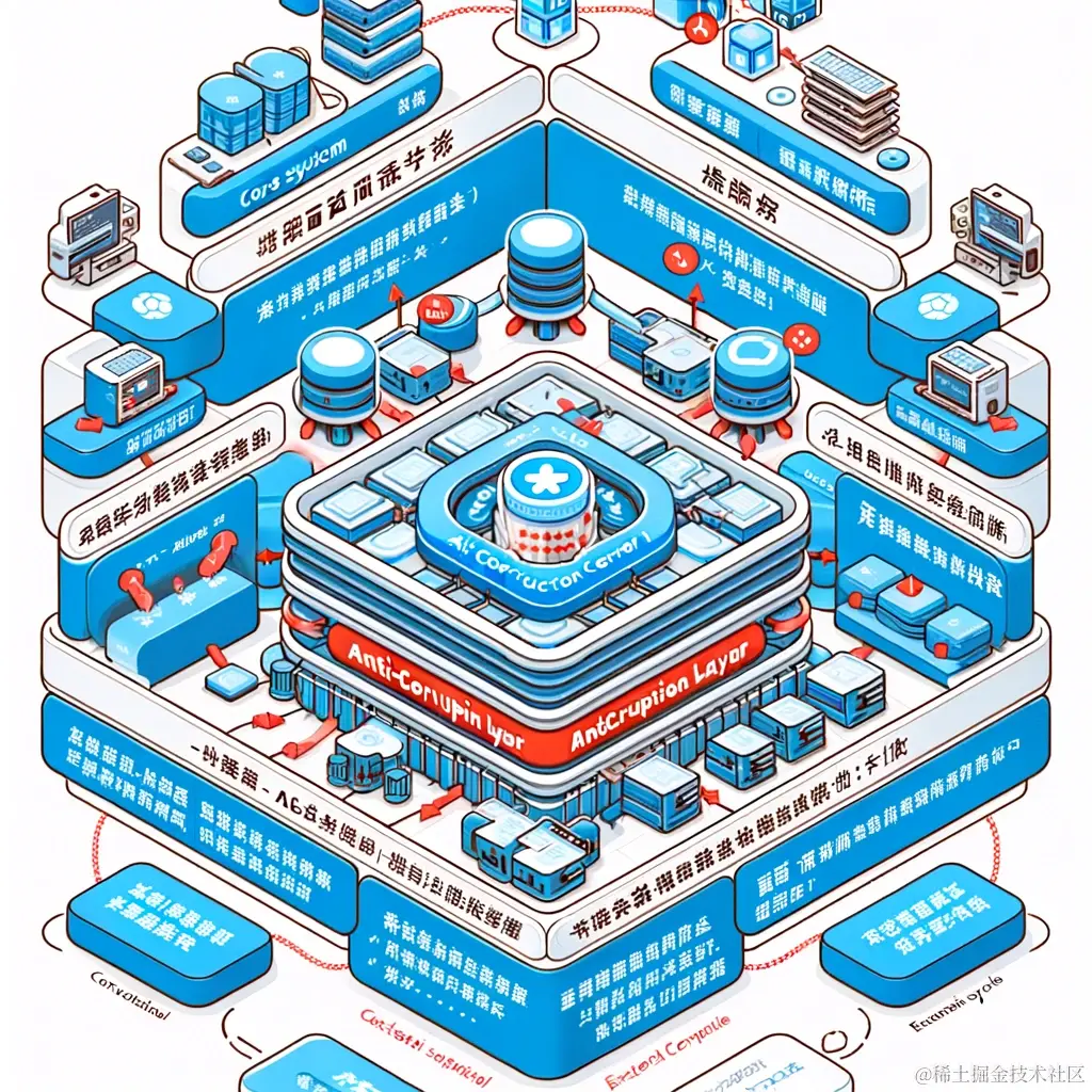 DALL·E 2024-01-23 22.54.29 - An educational diagram illustrating the concept of the Anti-Corruption Layer (ACL) in software architecture. The diagram should show a central core sy.png