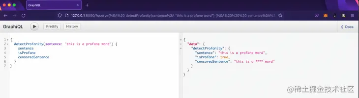 Screenshot of GraphiQL interface with "this is a profane word" string returning the boolean "true" and being censored to "this is a ******* word"