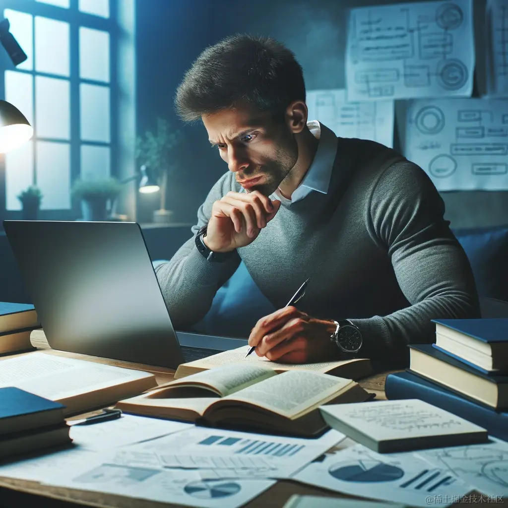 DALL·E 2023-12-22 20.59.13 - A focused individual sitting at a desk, surrounded by books and a laptop, intensely practicing a specific skill with notes and diagrams around them, s.png