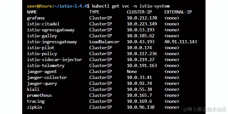 显示 istio-system 命名空间中所有服务的输出。
