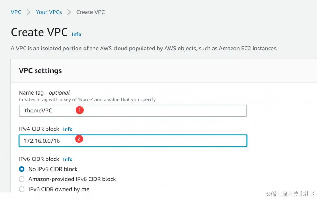 输入Name Tag跟IPv4 CIDR block就可以建立一个VPC