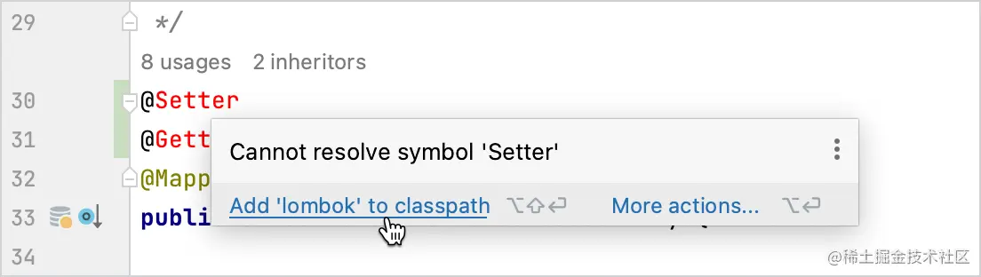 Quick-fix to add the missing Lombok dependency