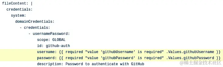 图 7.3 - Jenkins Helm 图表的 values.yaml 文件包含 Go 模板