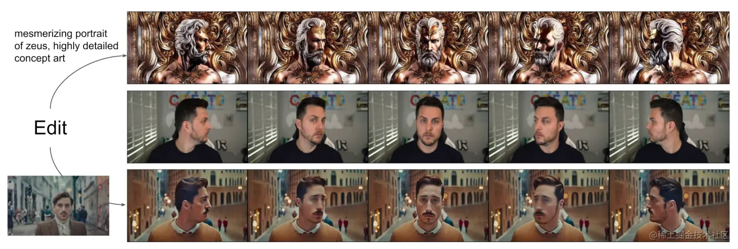 Guided Video Synthesis 示例 在保留输入视频（中间）structure 的同时 基于文本提示或图像合成的视频（上及下）