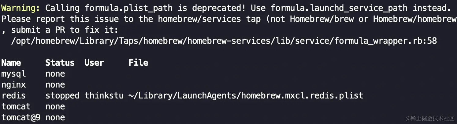 Warning: Calling formula.plist_path is deprecated. Use formula.launchd_service_path instead.