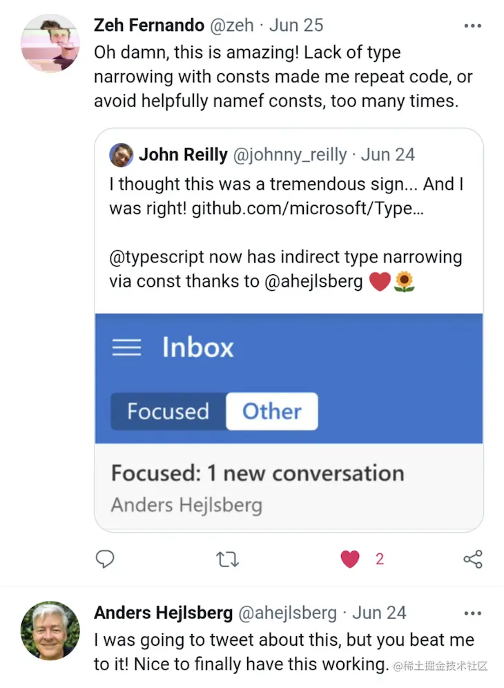 Reactions on Twitter to TypeScript's Indirect Type Narrowing