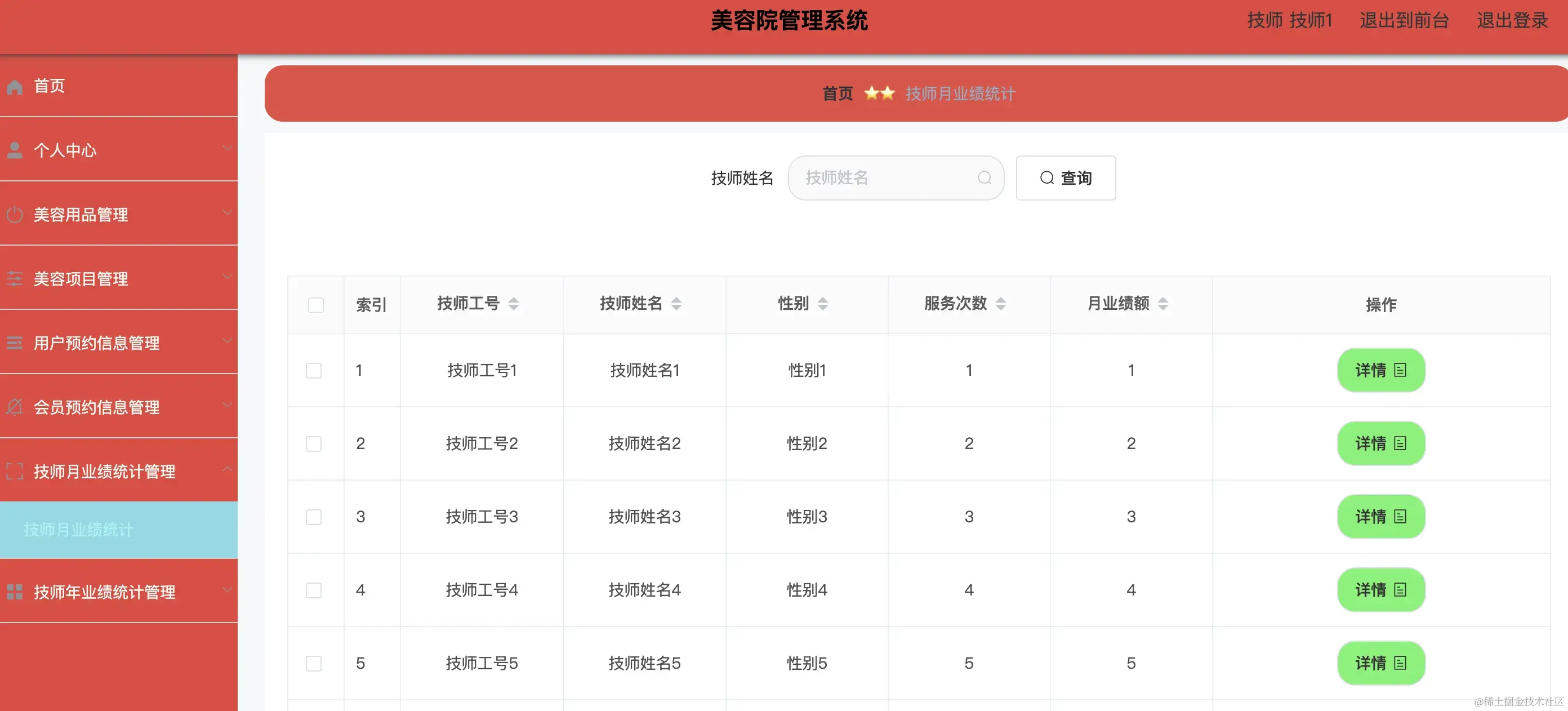 技师月业绩统计管理