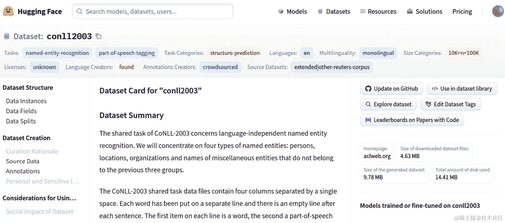图 6.4 – 来自 HuggingFace 的 CONLL2003 数据集卡片