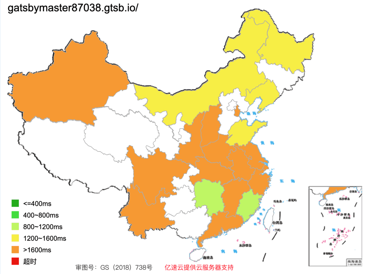 左图: 部署在 Gatsby Cloud 的网站测速结果； 右图是提速后的测速结果。颜色代表网站的反馈时间，绿色代表快，越接近红色代表极慢甚至没法访问。