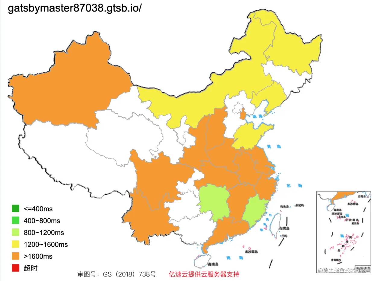 左图: 部署在 Gatsby Cloud 的网站测速结果； 右图是提速后的测速结果。颜色代表网站的反馈时间，绿色代表快，越接近红色代表极慢甚至没法访问。