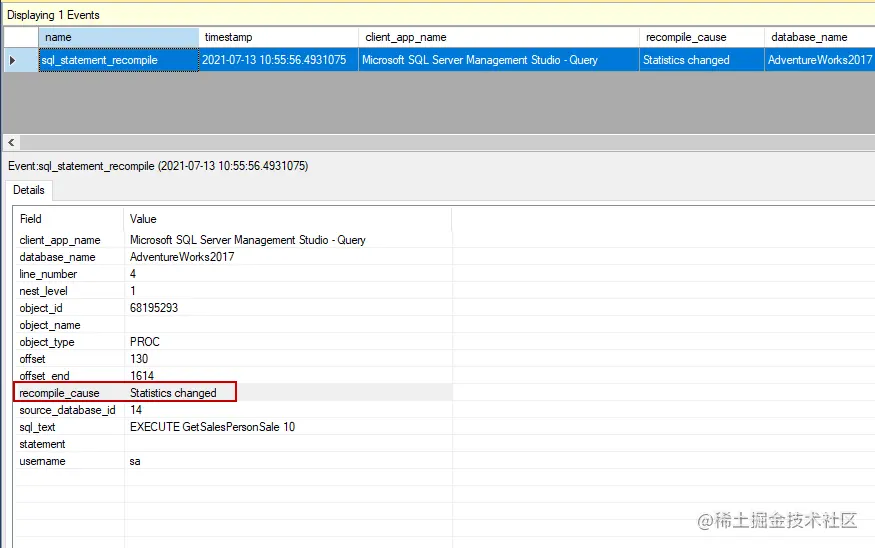 Statistics changed event for query recompilations