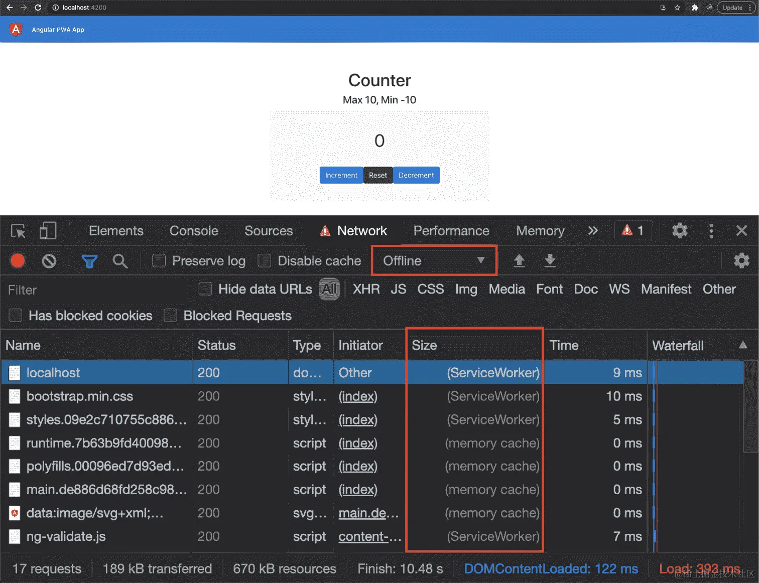图 13.7 - 使用服务工作线程作为 PWA 离线工作的 Angular 应用程序