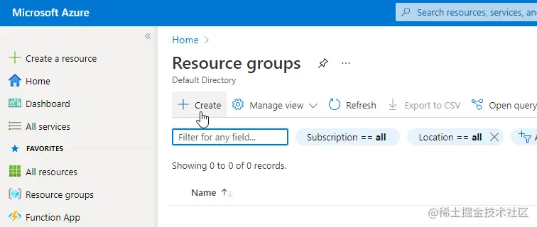 azure - home - resource groups - create