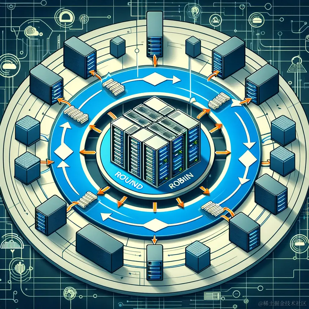 DALL·E 2023-12-01 21.23.12 - Illustration of the Round Robin Load Balancing Algorithm in action. Show several servers connected in a circle, with arrows indicating the flow of req.png