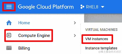 图 2.6 - Google 云中的 RHEL8 - 访问 VM 实例菜单
