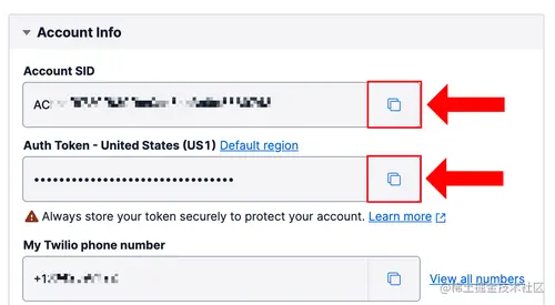 Account Info box holding 3 read-only fields: Account SID field, Auth Token field, and Twilio phone number field.