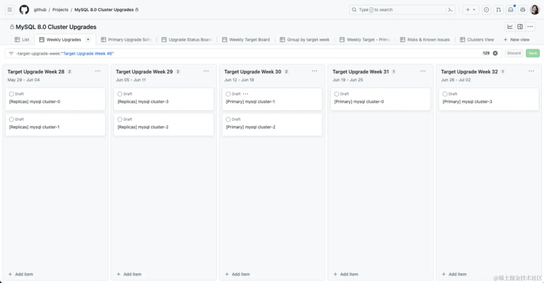 用于跟踪 MySQL 8.0 升级计划的项目板
