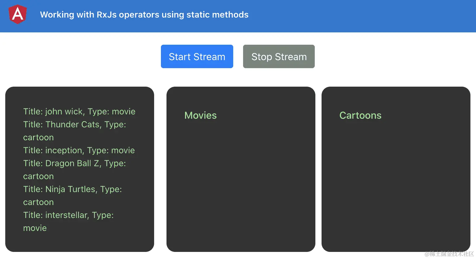 图 5.5 – rxjs-operators-static-methods 应用程序在 http://localhost:4200 上运行