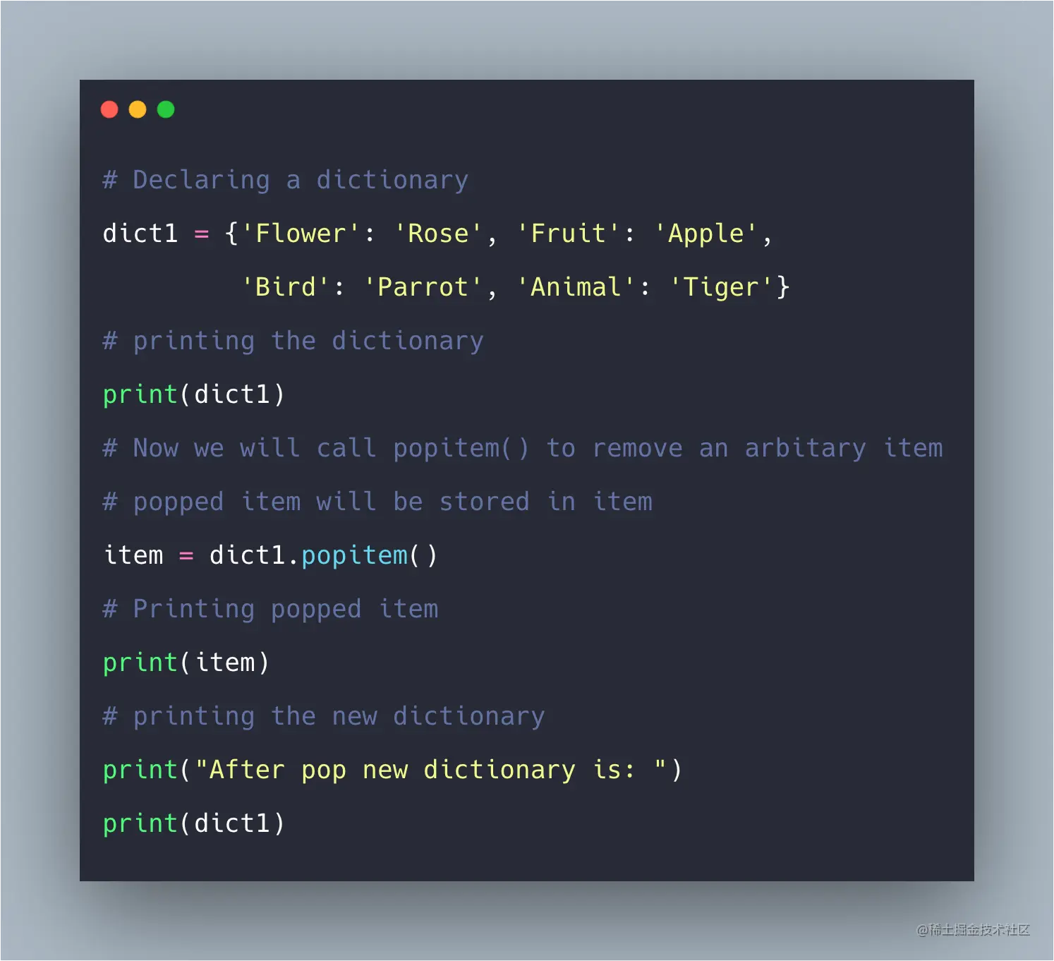 Python Dictionary popitem() Function Example