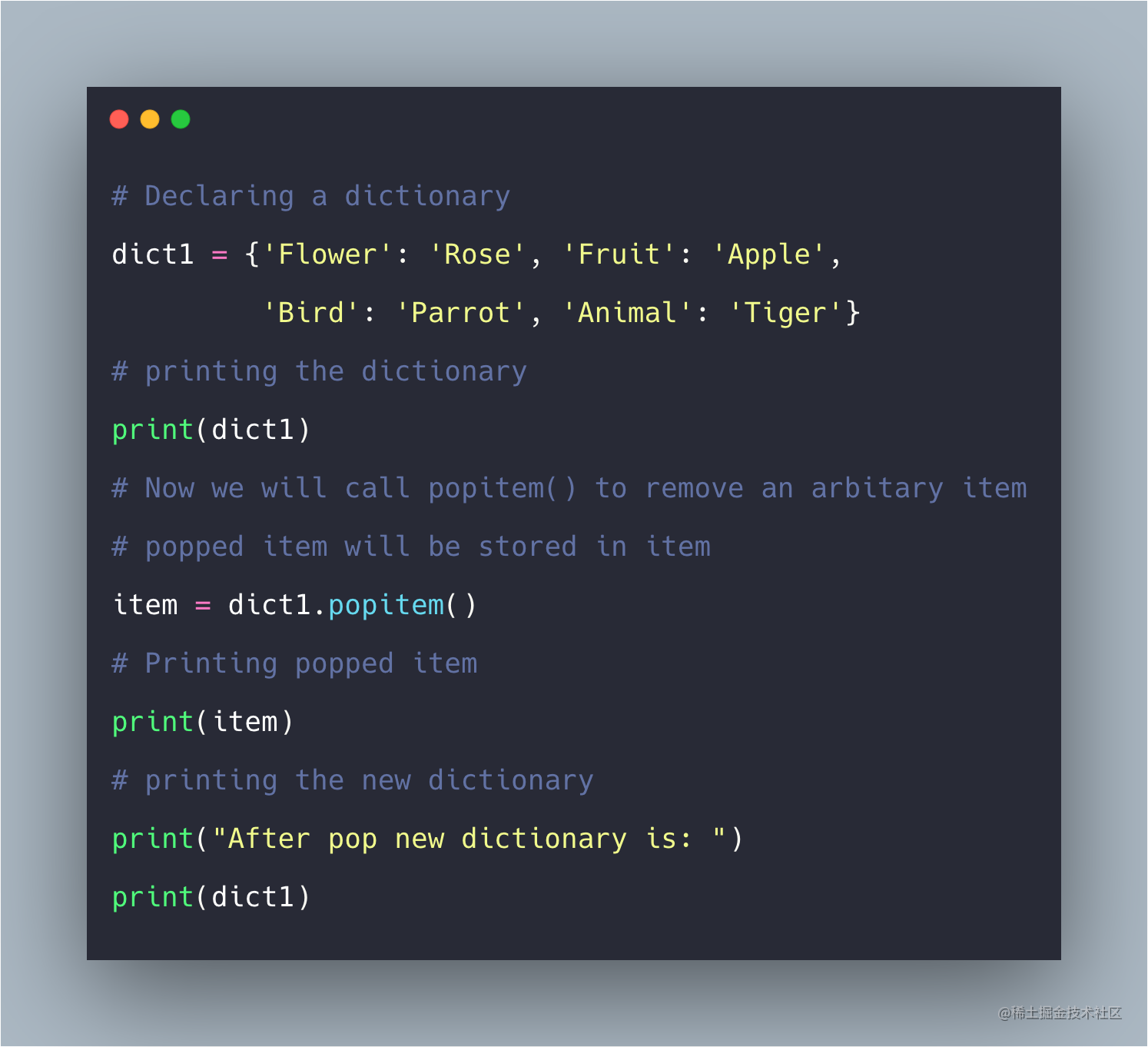Python Dictionary popitem()函数。指南 - 掘金