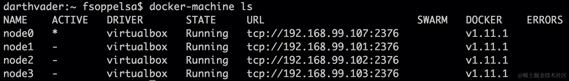 使用 Docker Machine 创建 4 个集群节点