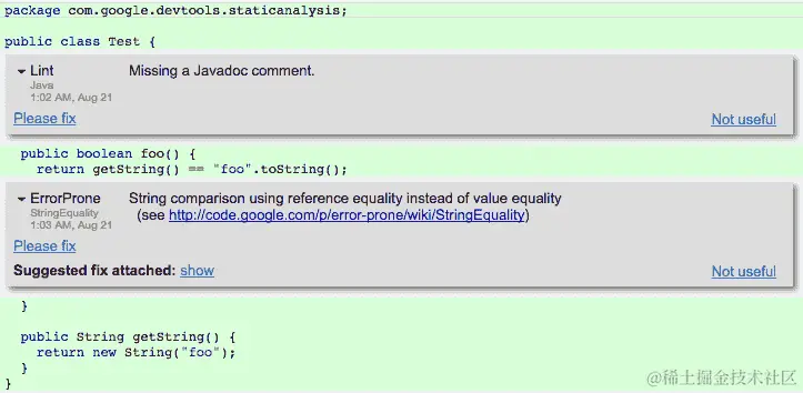 通过 Tricorder 提供的代码审查期间的静态分析结果的屏幕截图