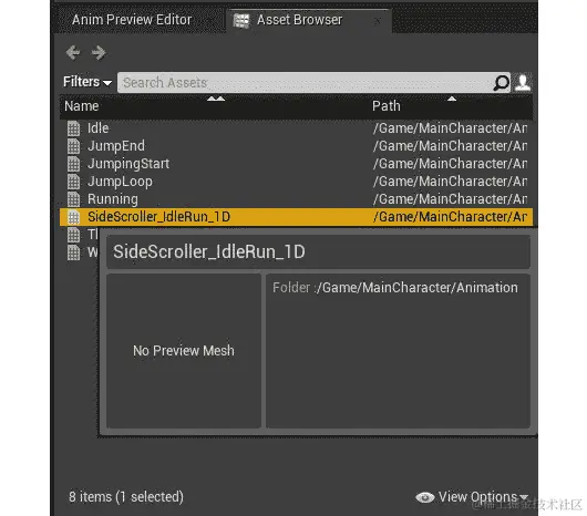 图 11.14：Asset Browser 让你访问与 MainCharacter_Skeleton 相关的所有动画资产
