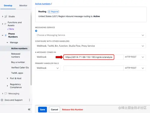 Twilio Phone Number configuration form where the phone number is configured to send text messages to a webhook with the ngrok Forwarding URL.